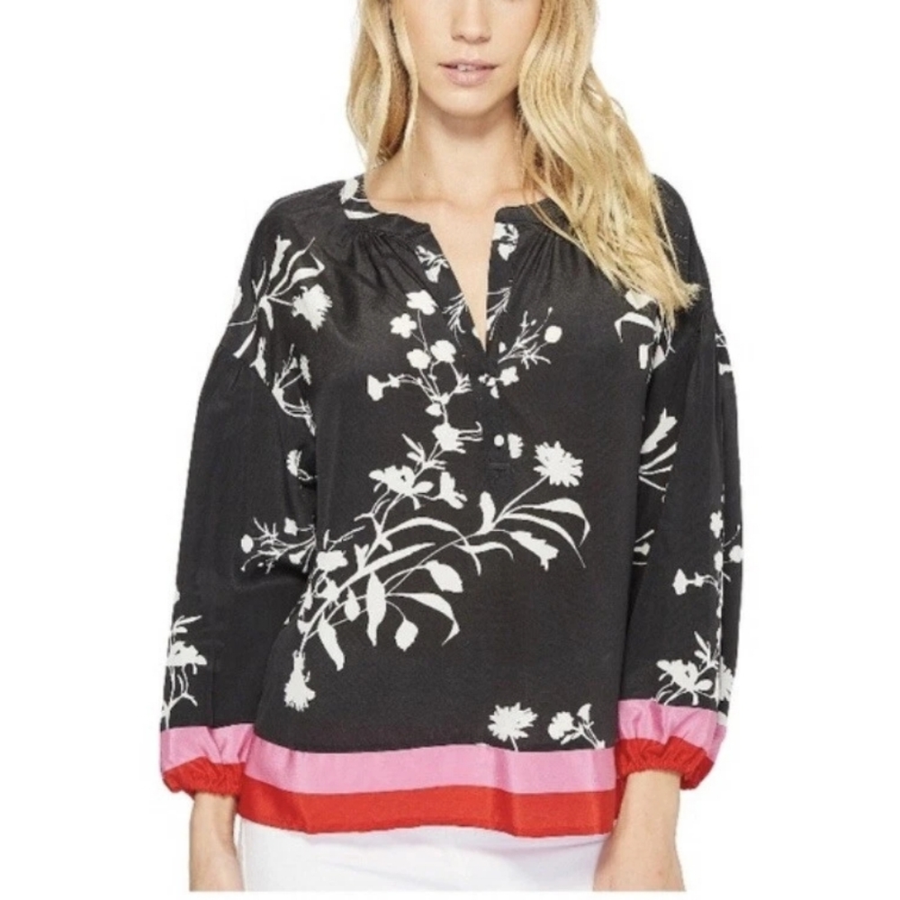 Joie Eilga Floral Border Print Silk Blouse Size XS